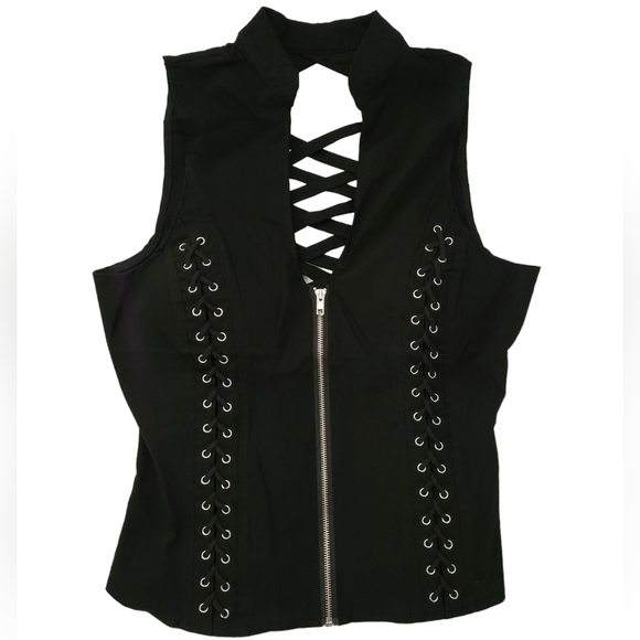 Hearts Rob Lace Up Zip Up Criss Cross Back Vest Tank Top Black Plus 1XL 2XL 3XL - Picture 6 of 14